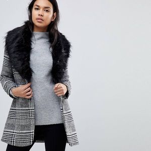 Parisian Check Coat With Faux Fur Collar